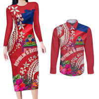 Personalised Haiti Coat Of Arms Couples Matching Long Sleeve Bodycon Dress and Long Sleeve Button Shirt Repiblik d Ayiti Tropical Flower Red Polynesian Pattern LT03 Red - Polynesian Pride