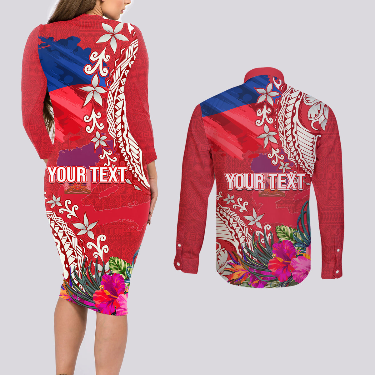 Personalised Haiti Coat Of Arms Couples Matching Long Sleeve Bodycon Dress and Long Sleeve Button Shirt Repiblik d Ayiti Tropical Flower Red Polynesian Pattern LT03 - Polynesian Pride