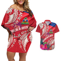 Personalised Haiti Coat Of Arms Couples Matching Off Shoulder Short Dress and Hawaiian Shirt Repiblik d Ayiti Tropical Flower Red Polynesian Pattern LT03 Red - Polynesian Pride