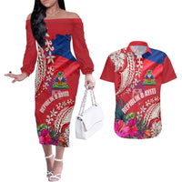 Personalised Haiti Coat Of Arms Couples Matching Off The Shoulder Long Sleeve Dress and Hawaiian Shirt Repiblik d Ayiti Tropical Flower Red Polynesian Pattern LT03 Red - Polynesian Pride