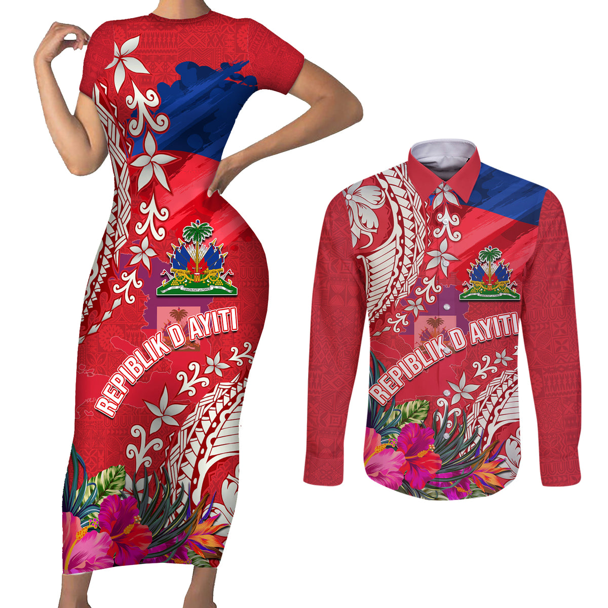 Personalised Haiti Coat Of Arms Couples Matching Short Sleeve Bodycon Dress and Long Sleeve Button Shirt Repiblik d Ayiti Tropical Flower Red Polynesian Pattern LT03 Red - Polynesian Pride