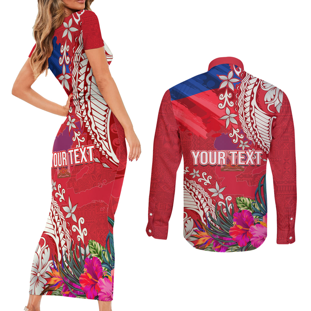 Personalised Haiti Coat Of Arms Couples Matching Short Sleeve Bodycon Dress and Long Sleeve Button Shirt Repiblik d Ayiti Tropical Flower Red Polynesian Pattern LT03 - Polynesian Pride