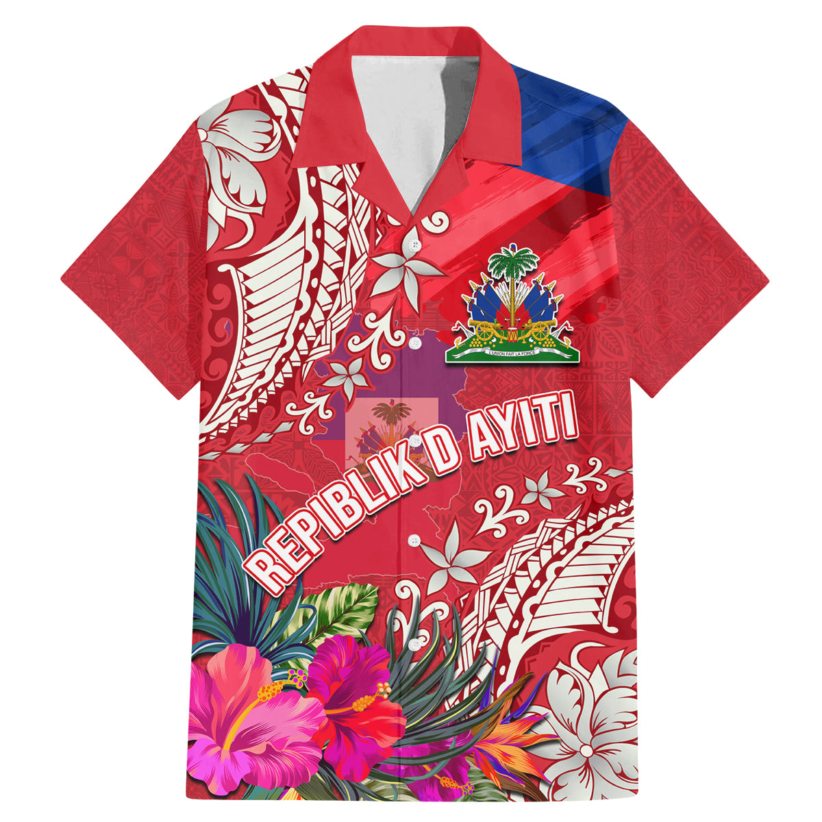 Personalised Haiti Coat Of Arms Family Matching Mermaid Dress and Hawaiian Shirt Repiblik d Ayiti Tropical Flower Red Polynesian Pattern LT03 Dad's Shirt - Short Sleeve Red - Polynesian Pride