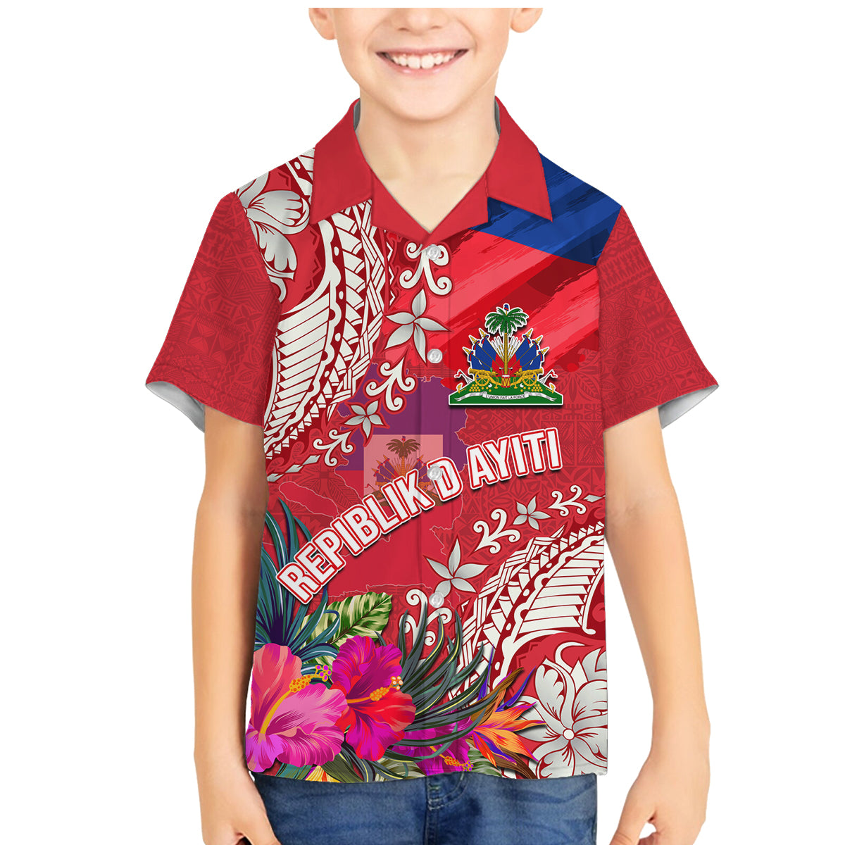 Personalised Haiti Coat Of Arms Family Matching Mermaid Dress and Hawaiian Shirt Repiblik d Ayiti Tropical Flower Red Polynesian Pattern LT03 Son's Shirt Red - Polynesian Pride