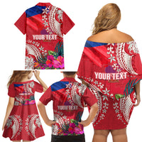 Personalised Haiti Coat Of Arms Family Matching Off Shoulder Short Dress and Hawaiian Shirt Repiblik d Ayiti Tropical Flower Red Polynesian Pattern LT03 - Polynesian Pride