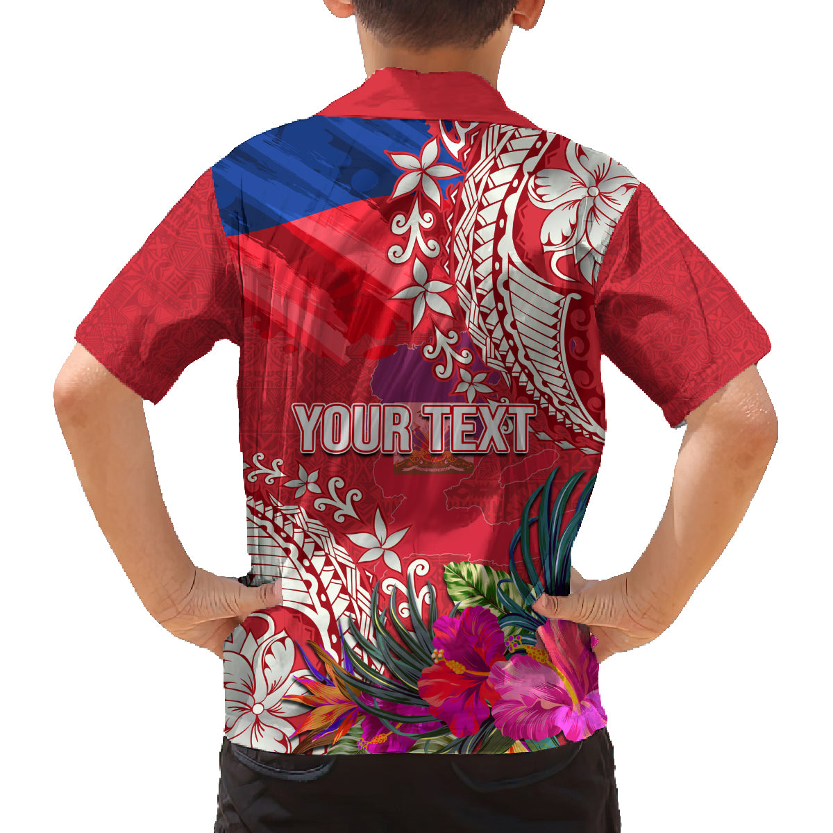 Personalised Haiti Coat Of Arms Family Matching Puletasi Dress and Hawaiian Shirt Repiblik d Ayiti Tropical Flower Red Polynesian Pattern LT03 - Polynesian Pride
