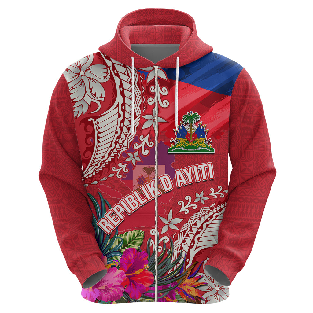 Personalised Haiti Coat Of Arms Hoodie Repiblik d Ayiti Tropical Flower Red Polynesian Pattern LT03 - Polynesian Pride