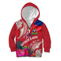 Personalised Haiti Coat Of Arms Kid Hoodie Repiblik d Ayiti Tropical Flower Red Polynesian Pattern LT03 Zip Hoodie Red - Polynesian Pride