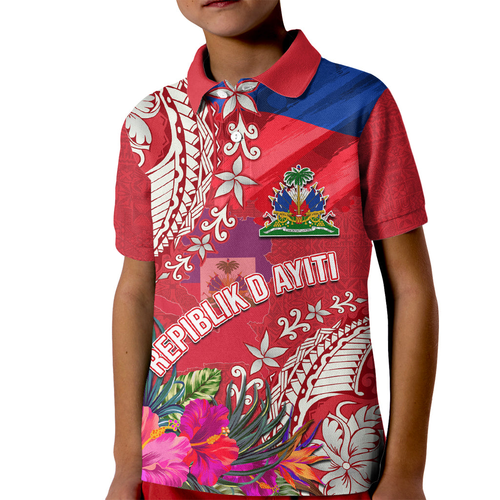 Personalised Haiti Coat Of Arms Kid Polo Shirt Repiblik d Ayiti Tropical Flower Red Polynesian Pattern LT03 Kid Red - Polynesian Pride