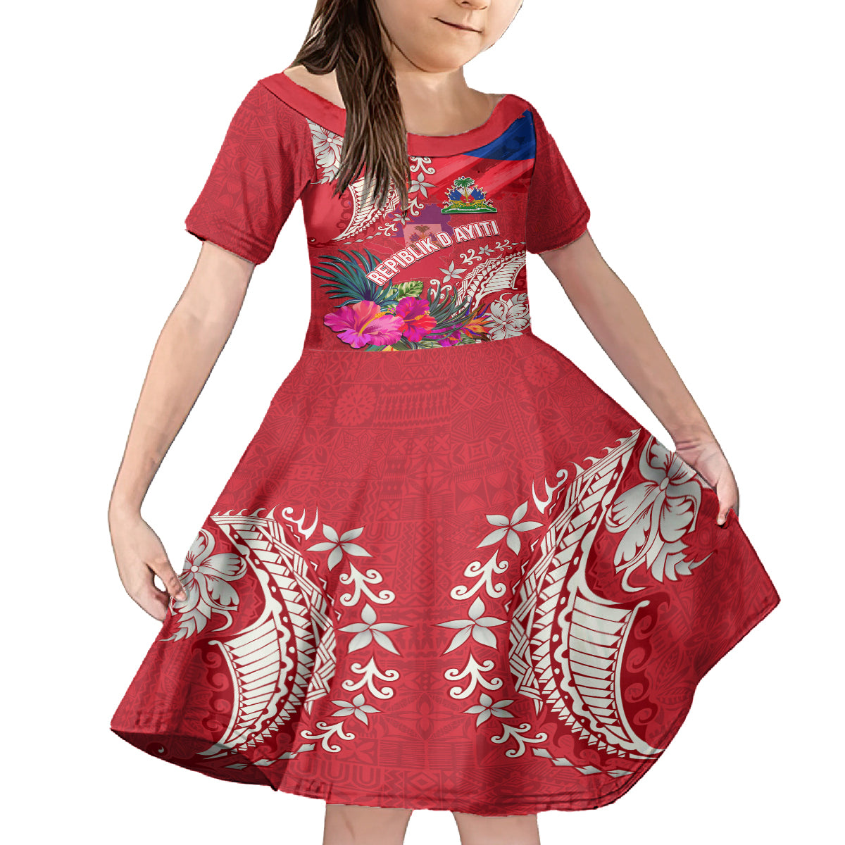 Personalised Haiti Coat Of Arms Kid Short Sleeve Dress Repiblik d Ayiti Tropical Flower Red Polynesian Pattern LT03 KID Red - Polynesian Pride