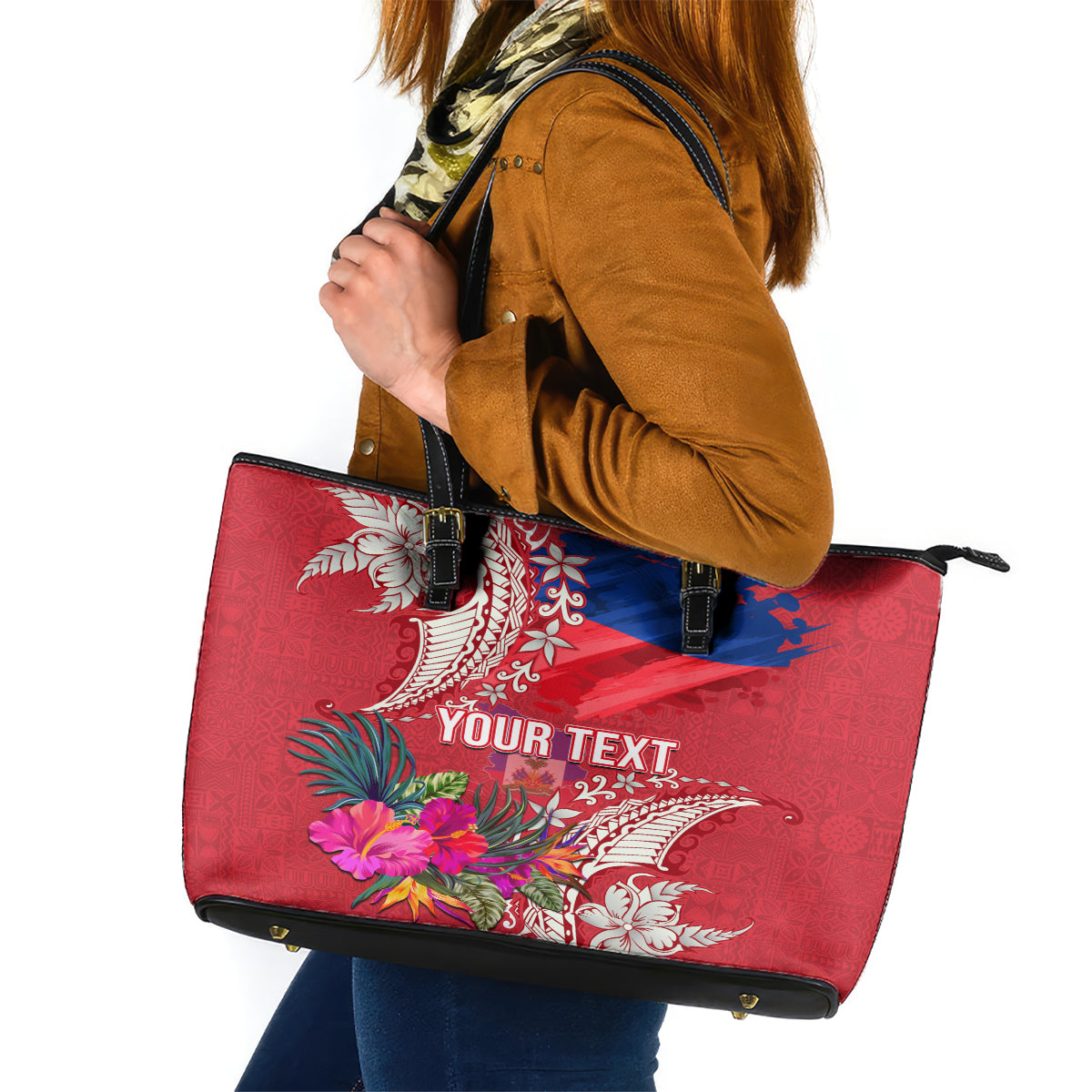 Personalised Haiti Coat Of Arms Leather Tote Bag Repiblik d Ayiti Tropical Flower Red Polynesian Pattern LT03 Red - Polynesian Pride