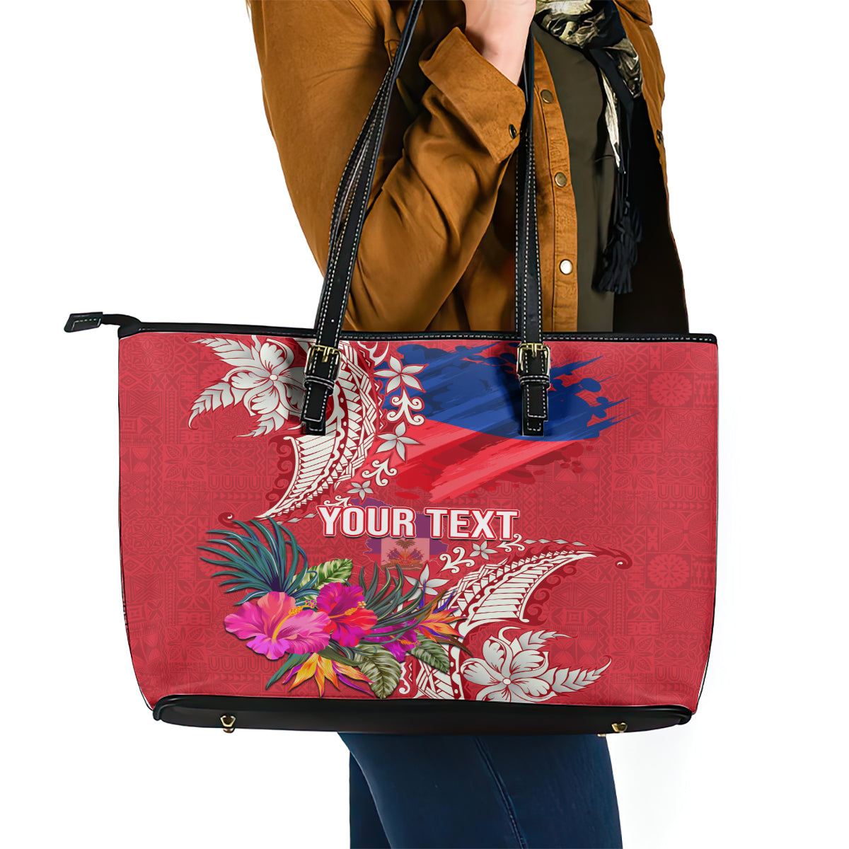 Personalised Haiti Coat Of Arms Leather Tote Bag Repiblik d Ayiti Tropical Flower Red Polynesian Pattern LT03 - Polynesian Pride