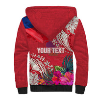 Personalised Haiti Coat Of Arms Sherpa Hoodie Repiblik d Ayiti Tropical Flower Red Polynesian Pattern LT03 - Polynesian Pride
