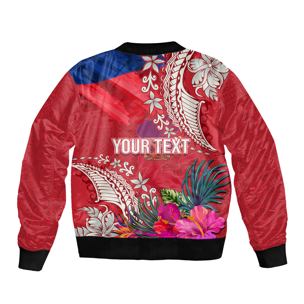 Personalised Haiti Coat Of Arms Sleeve Zip Bomber Jacket Repiblik d Ayiti Tropical Flower Red Polynesian Pattern LT03 - Polynesian Pride