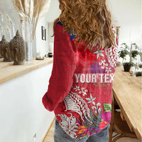Personalised Haiti Coat Of Arms Women Casual Shirt Repiblik d Ayiti Tropical Flower Red Polynesian Pattern LT03 - Polynesian Pride