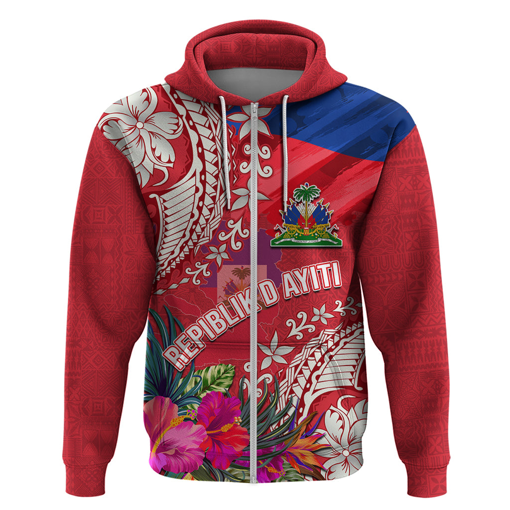 Personalised Haiti Coat Of Arms Zip Hoodie Repiblik d Ayiti Tropical Flower Red Polynesian Pattern LT03 Zip Hoodie Red - Polynesian Pride