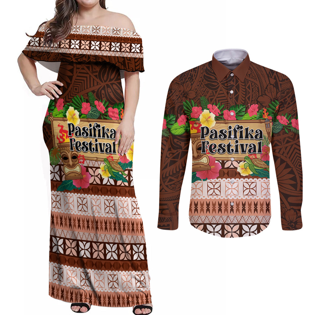Pasifika Festival Auckland Couples Matching Off Shoulder Maxi Dress and Long Sleeve Button Shirt Polynesian Tribal with Pacific Pattern Brown Color LT03 Brown - Polynesian Pride