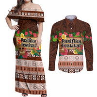 Pasifika Festival Auckland Couples Matching Off Shoulder Maxi Dress and Long Sleeve Button Shirt Polynesian Tribal with Pacific Pattern Brown Color LT03 Brown - Polynesian Pride