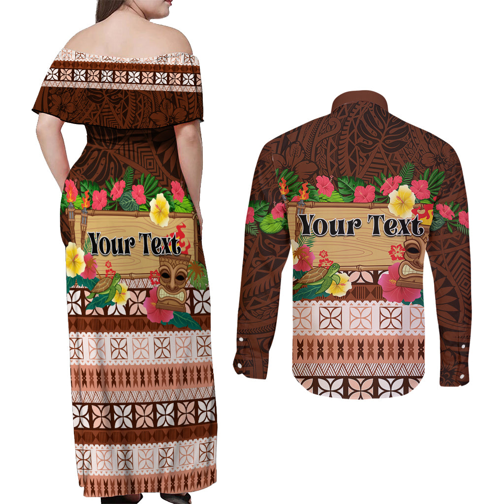 Pasifika Festival Auckland Couples Matching Off Shoulder Maxi Dress and Long Sleeve Button Shirt Polynesian Tribal with Pacific Pattern Brown Color LT03 - Polynesian Pride