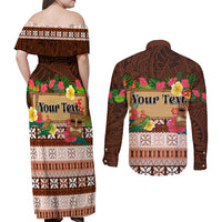 Pasifika Festival Auckland Couples Matching Off Shoulder Maxi Dress and Long Sleeve Button Shirt Polynesian Tribal with Pacific Pattern Brown Color LT03 - Polynesian Pride