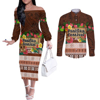 Pasifika Festival Auckland Couples Matching Off The Shoulder Long Sleeve Dress and Long Sleeve Button Shirt Polynesian Tribal with Pacific Pattern Brown Color LT03 Brown - Polynesian Pride