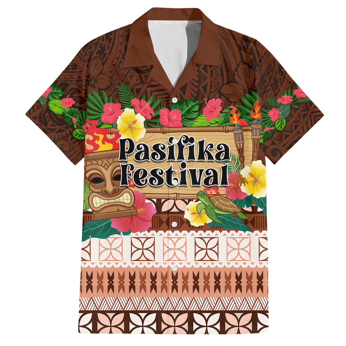 Pasifika Festival Auckland Family Matching Tank Maxi Dress and Hawaiian Shirt Polynesian Tribal with Pacific Pattern Brown Color LT03 Dad's Shirt - Short Sleeve Brown - Polynesian Pride