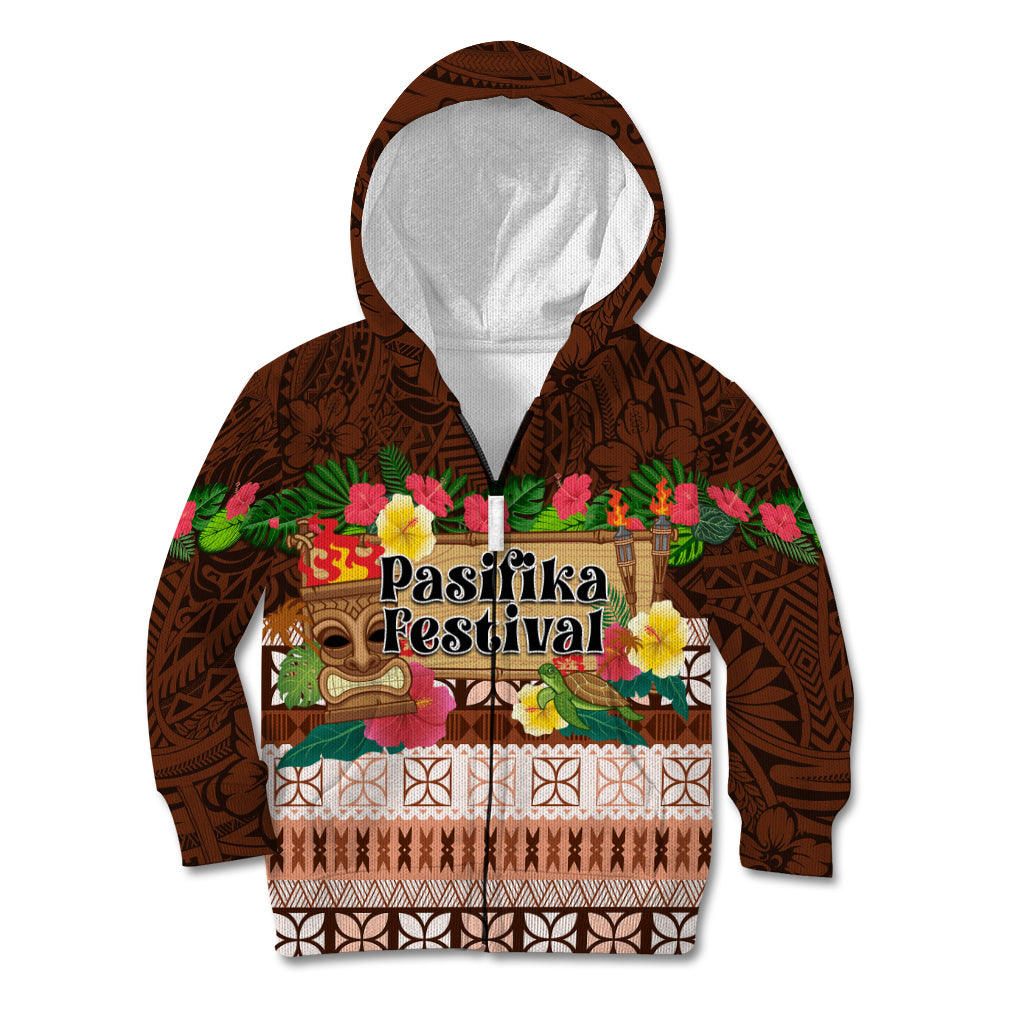 Pasifika Festival Auckland Kid Hoodie Polynesian Tribal with Pacific Pattern Brown Color LT03 Zip Hoodie Brown - Polynesian Pride