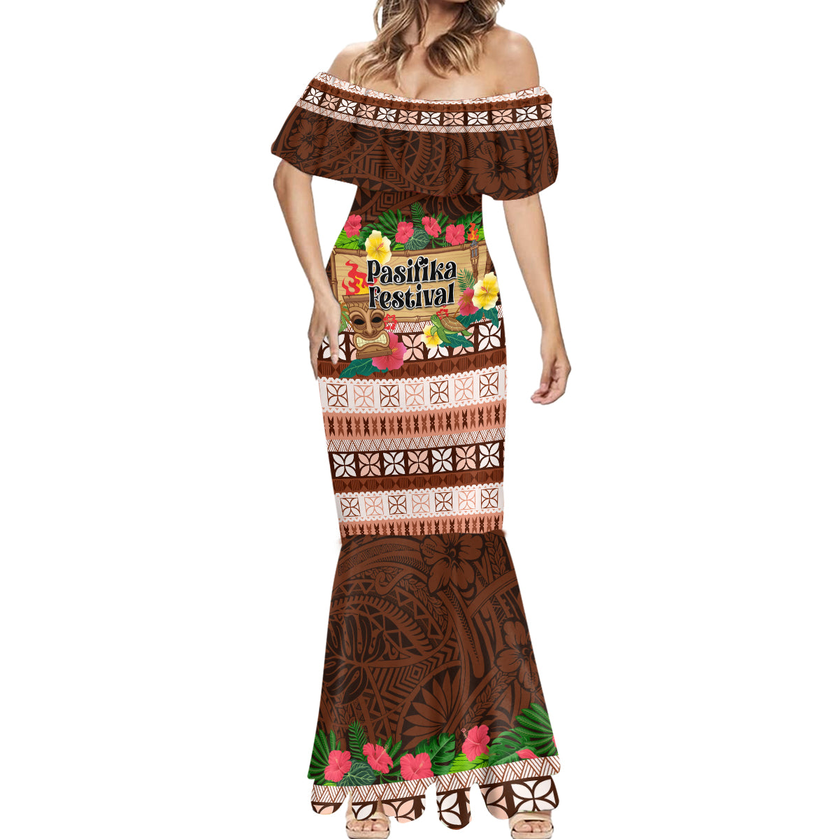 Pasifika Festival Auckland Mermaid Dress Polynesian Tribal with Pacific Pattern Brown Color LT03 - Polynesian Pride