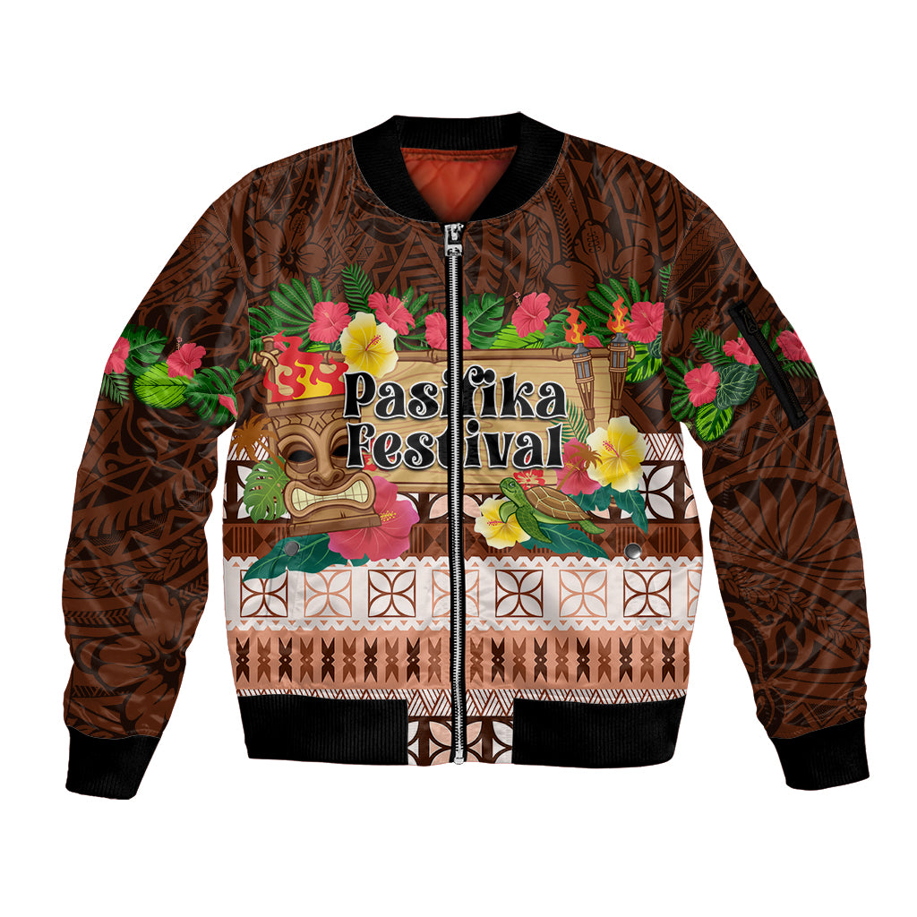 Pasifika Festival Auckland Sleeve Zip Bomber Jacket Polynesian Tribal with Pacific Pattern Brown Color LT03 Unisex Brown - Polynesian Pride