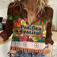 Pasifika Festival Auckland Women Casual Shirt Polynesian Tribal with Pacific Pattern Brown Color LT03 Female Brown - Polynesian Pride