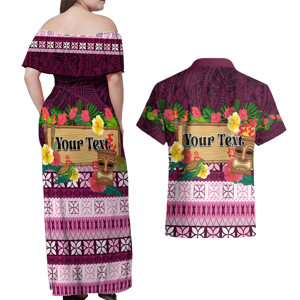 Pasifika Festival Auckland Couples Matching Off Shoulder Maxi Dress and Hawaiian Shirt Polynesian Tribal with Pacific Pattern Pink Color LT03 - Polynesian Pride