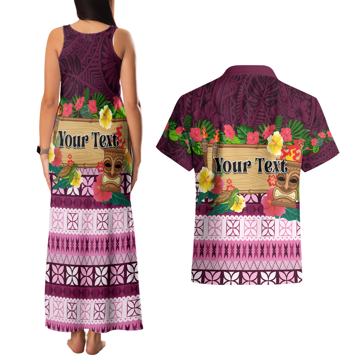 Pasifika Festival Auckland Couples Matching Tank Maxi Dress and Hawaiian Shirt Polynesian Tribal with Pacific Pattern Pink Color LT03 - Polynesian Pride