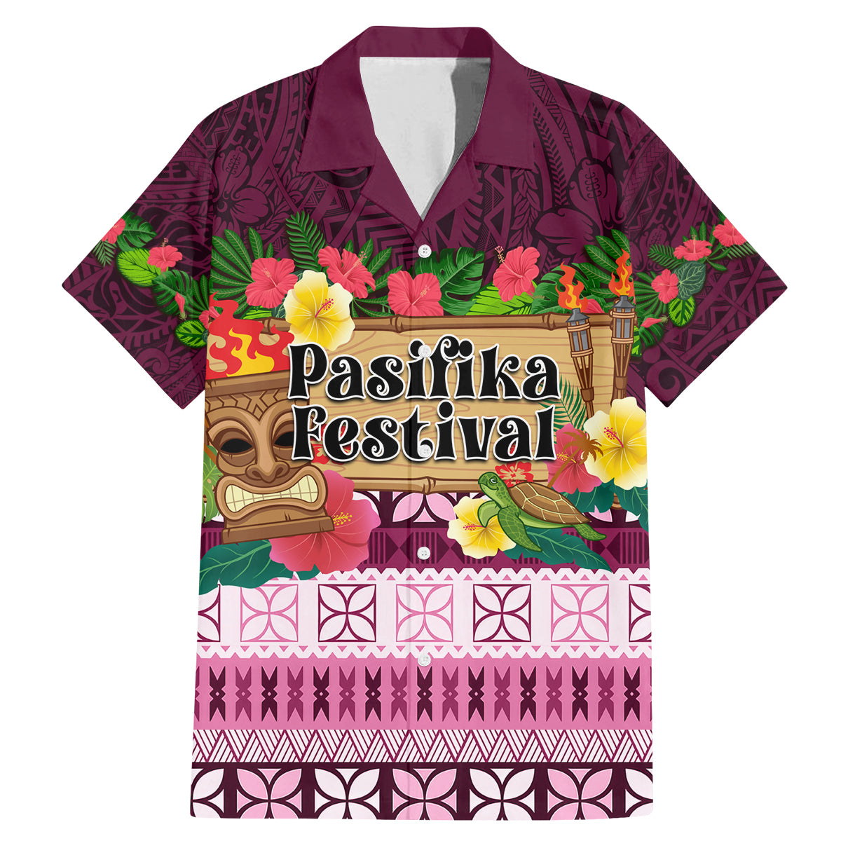 Pasifika Festival Auckland Family Matching Mermaid Dress and Hawaiian Shirt Polynesian Tribal with Pacific Pattern Pink Color LT03 Dad's Shirt - Short Sleeve Pink - Polynesian Pride