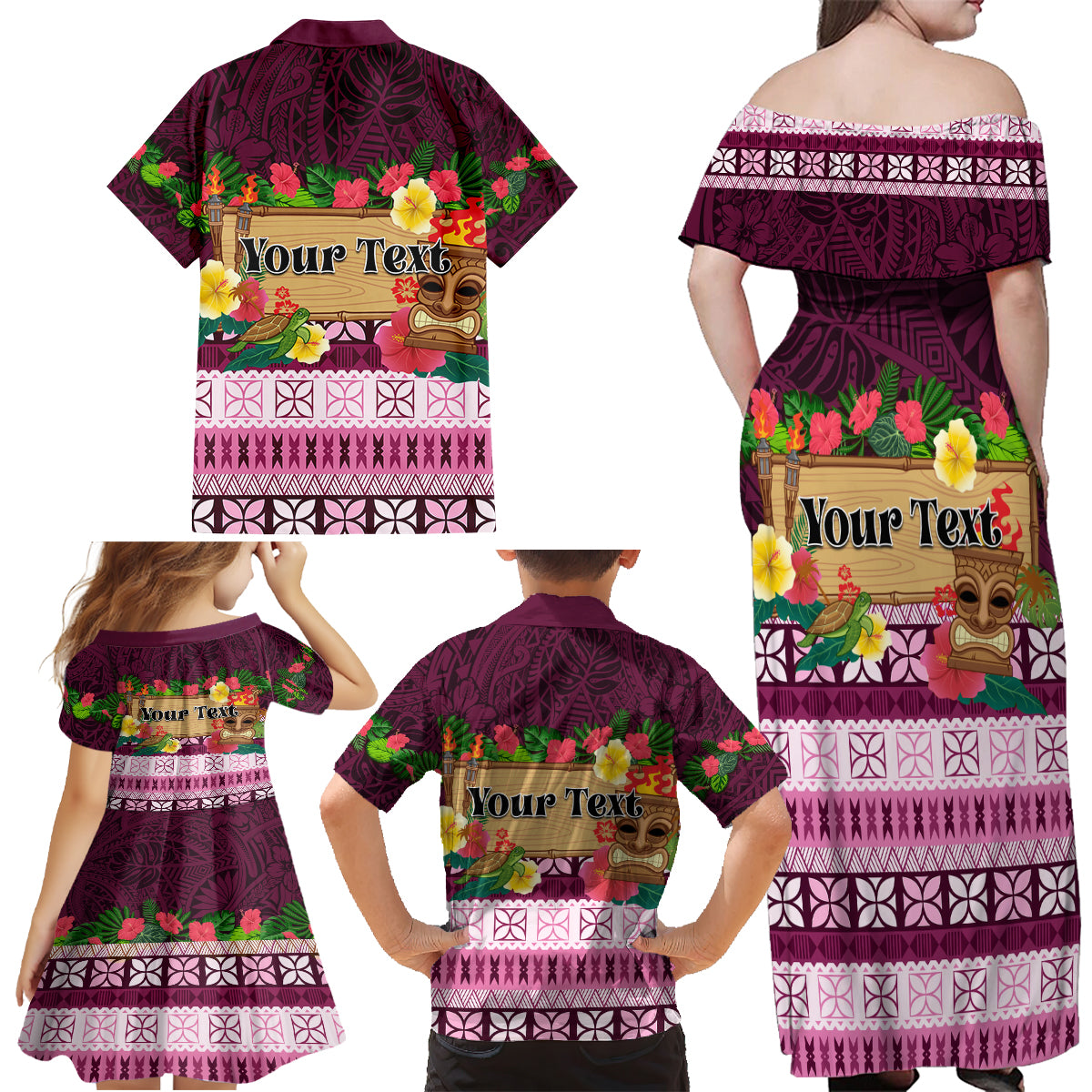 Pasifika Festival Auckland Family Matching Off Shoulder Maxi Dress and Hawaiian Shirt Polynesian Tribal with Pacific Pattern Pink Color LT03 - Polynesian Pride