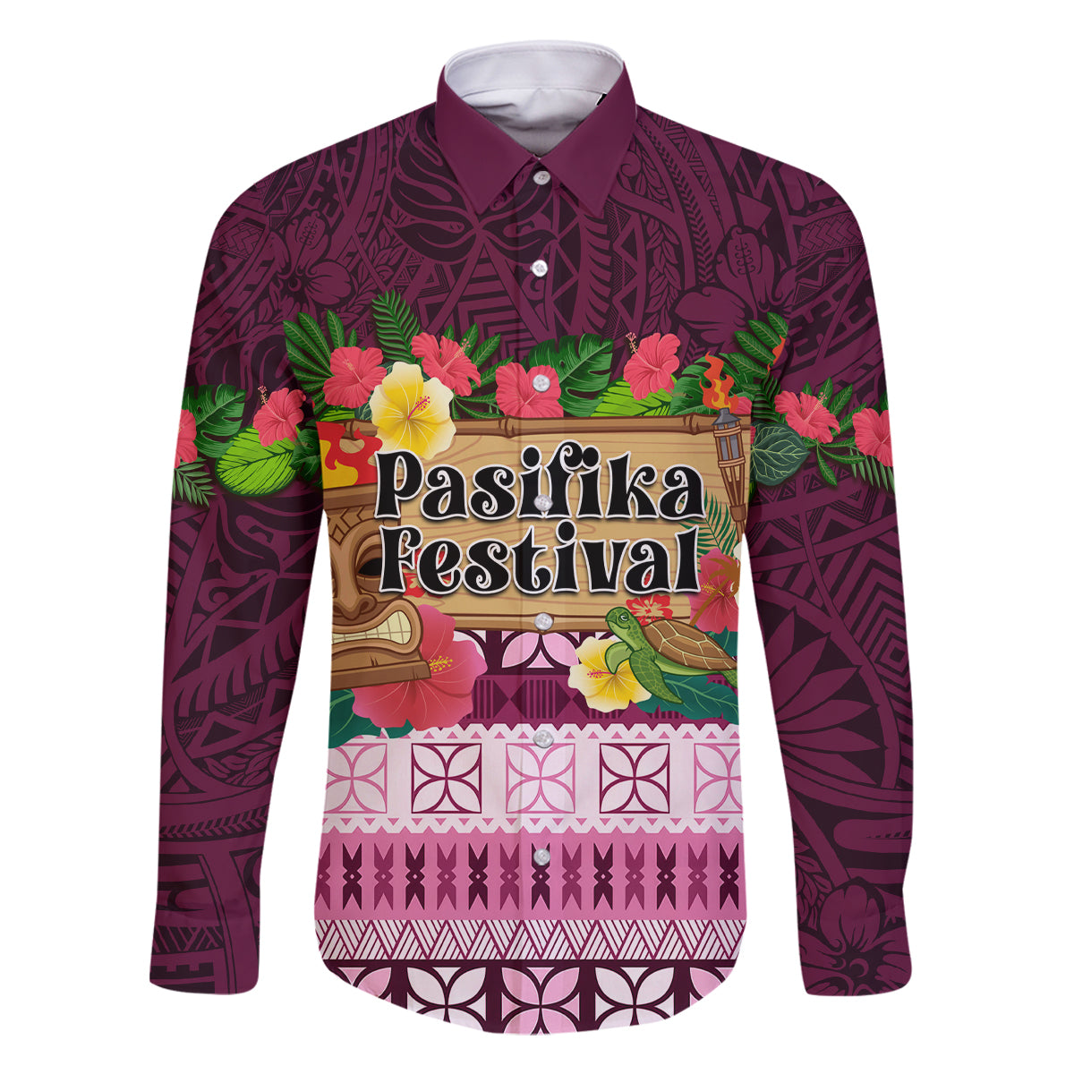 Pasifika Festival Auckland Family Matching Off Shoulder Maxi Dress and Hawaiian Shirt Polynesian Tribal with Pacific Pattern Pink Color LT03 Dad's Shirt - Long Sleeve Pink - Polynesian Pride