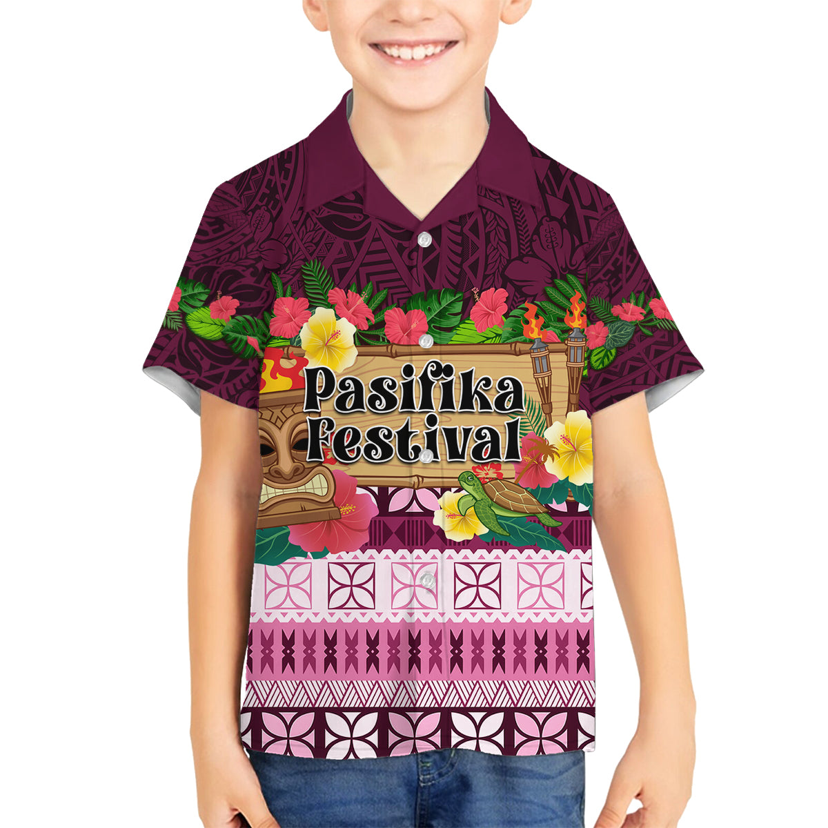 Pasifika Festival Auckland Family Matching Off Shoulder Maxi Dress and Hawaiian Shirt Polynesian Tribal with Pacific Pattern Pink Color LT03 Son's Shirt Pink - Polynesian Pride