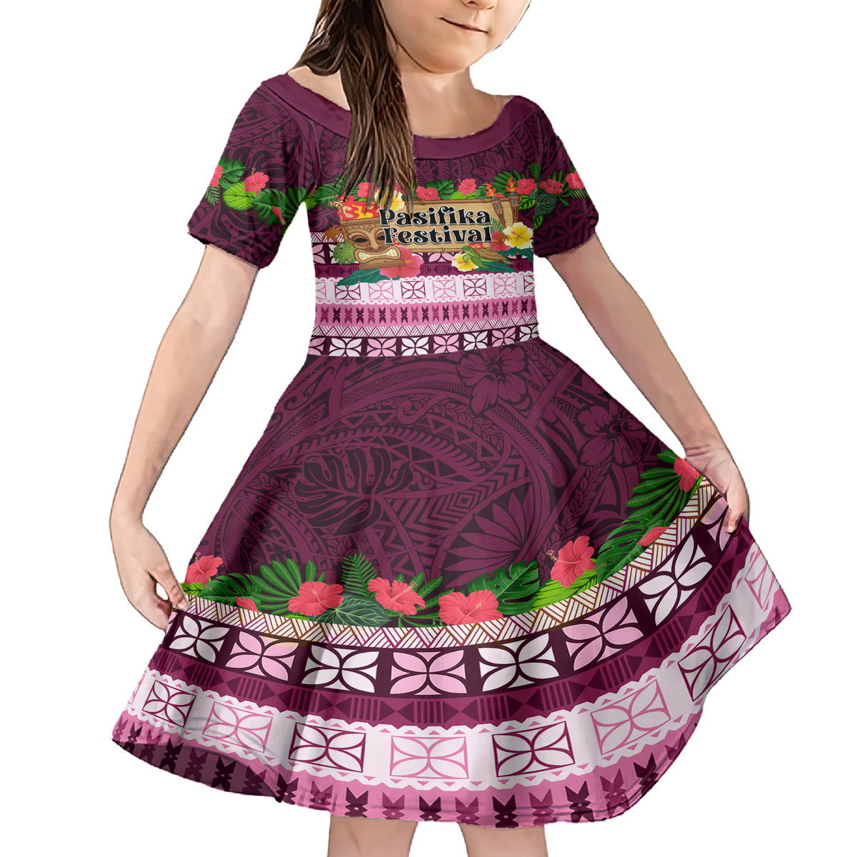 Pasifika Festival Auckland Family Matching Short Sleeve Bodycon Dress and Hawaiian Shirt Polynesian Tribal with Pacific Pattern Pink Color LT03 Daughter's Dress Pink - Polynesian Pride