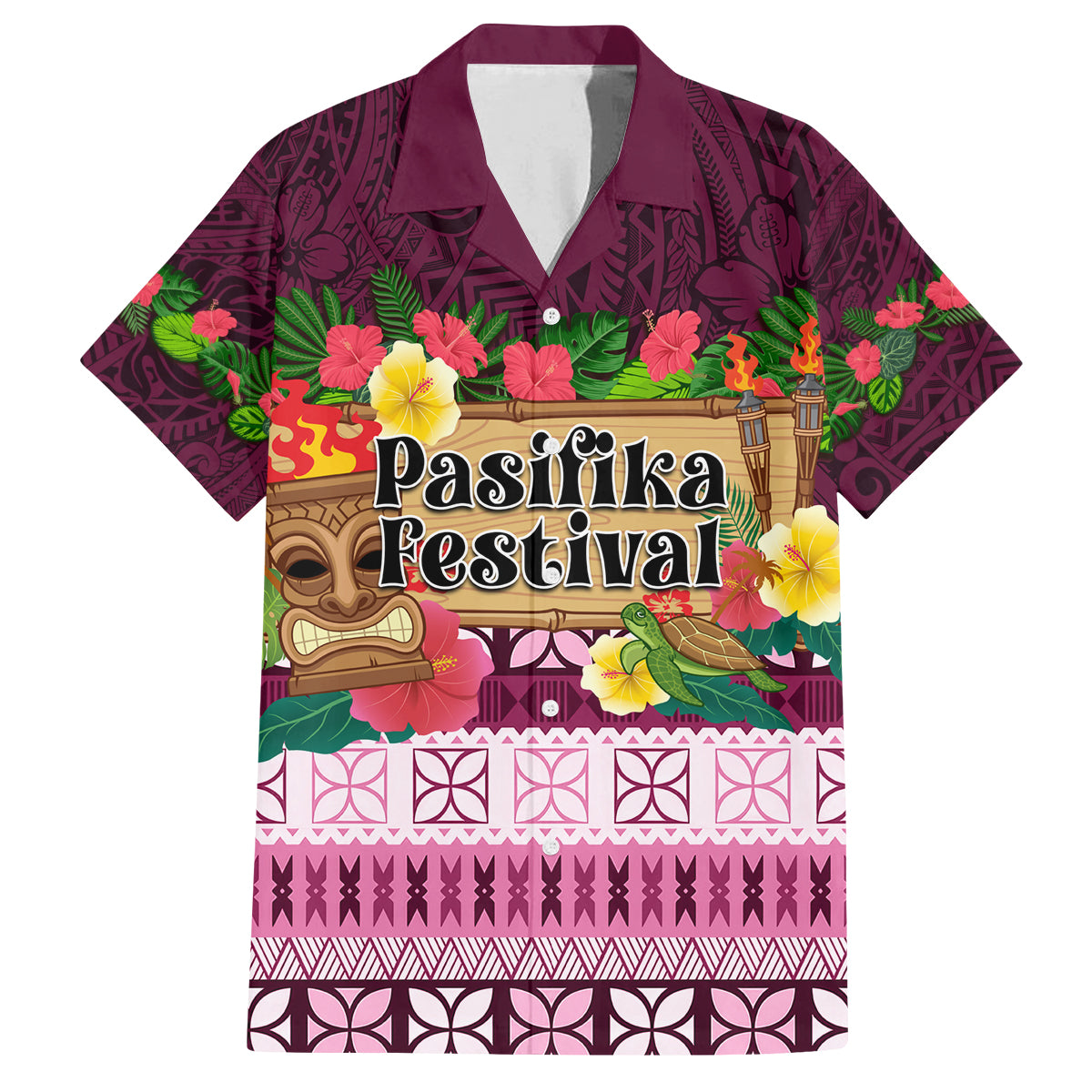 Pasifika Festival Auckland Family Matching Summer Maxi Dress and Hawaiian Shirt Polynesian Tribal with Pacific Pattern Pink Color LT03 Dad's Shirt - Short Sleeve Pink - Polynesian Pride