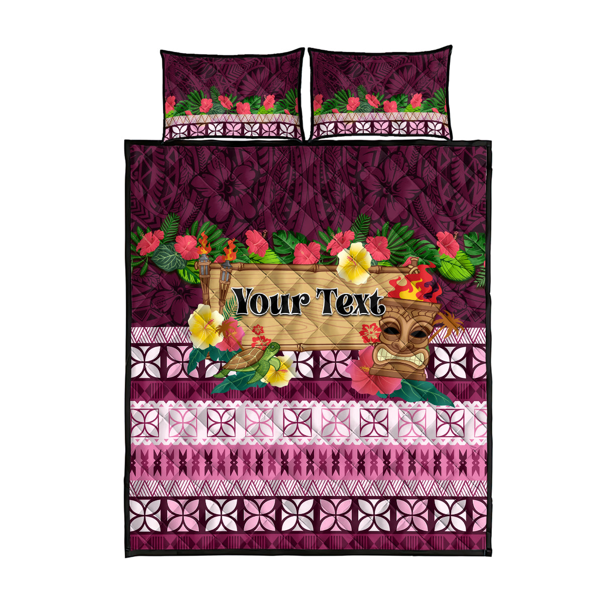 Pasifika Festival Auckland Quilt Bed Set Polynesian Tribal with Pacific Pattern Pink Color