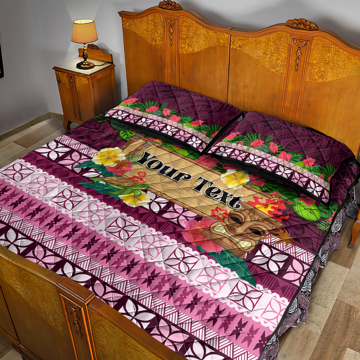 Pasifika Festival Auckland Quilt Bed Set Polynesian Tribal with Pacific Pattern Pink Color