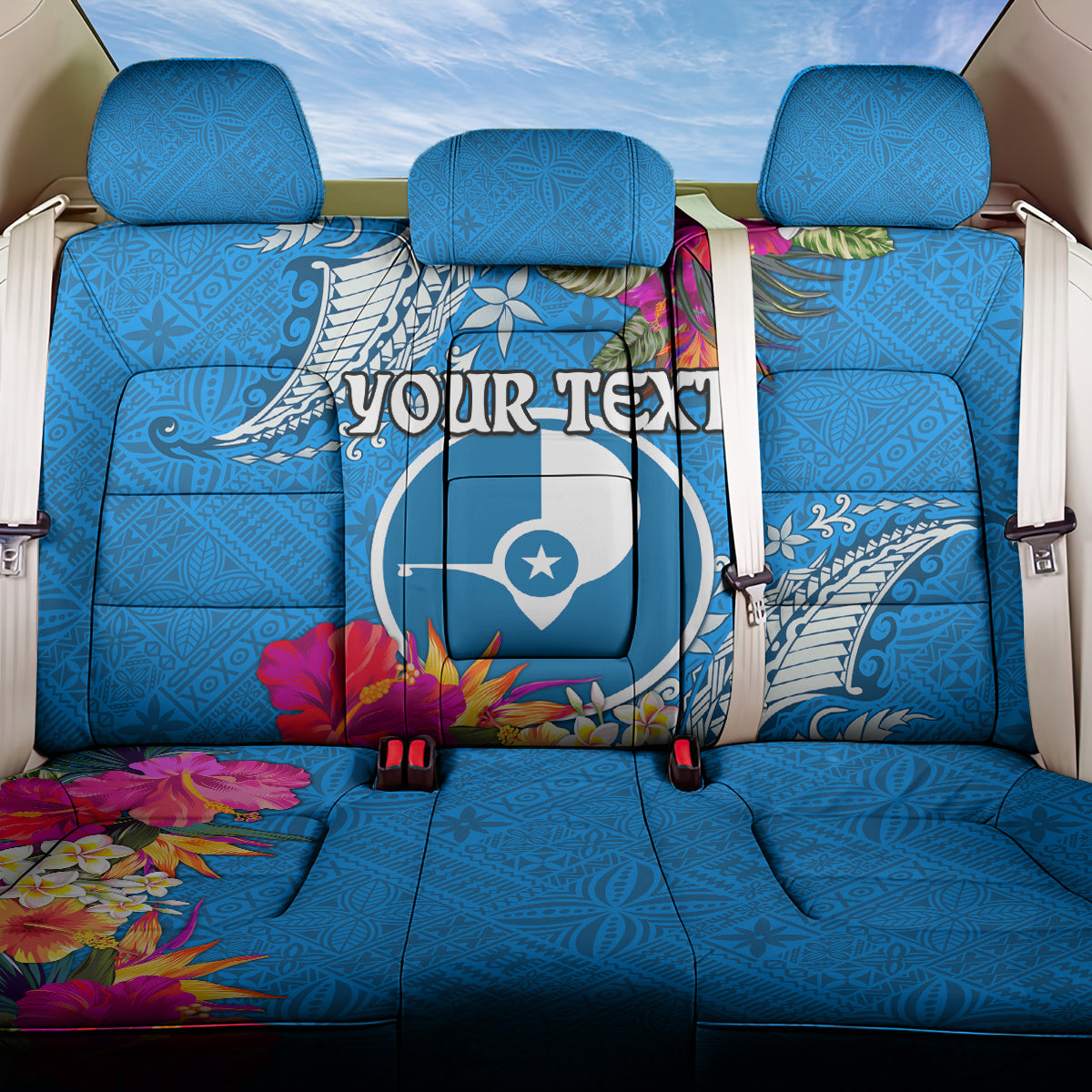Yap Day Back Car Seat Cover Tapa Pattern with Hisbiscus