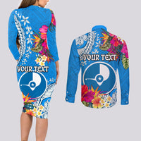 Yap Day Couples Matching Long Sleeve Bodycon Dress and Long Sleeve Button Shirt Tapa Pattern with Hisbiscus LT03 - Polynesian Pride