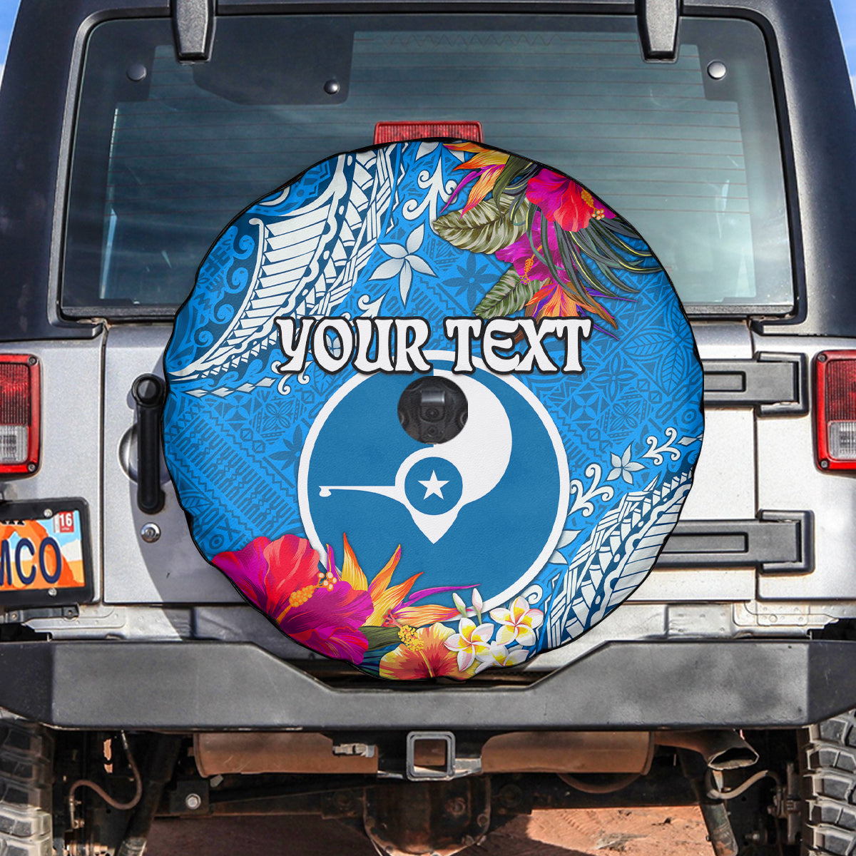 Yap Day Spare Tire Cover Tapa Pattern with Hisbiscus