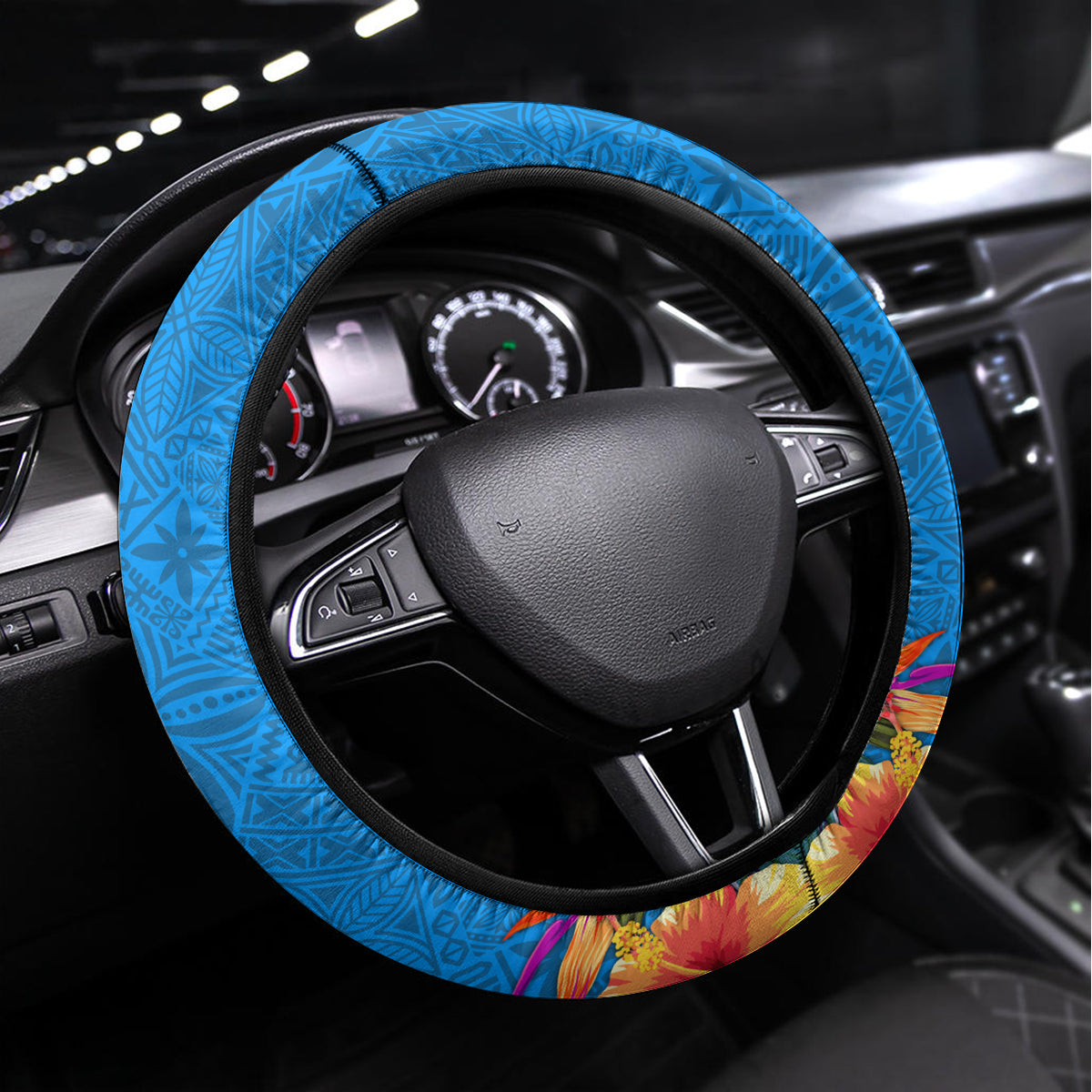 Yap Day Steering Wheel Cover Tapa Pattern with Hisbiscus