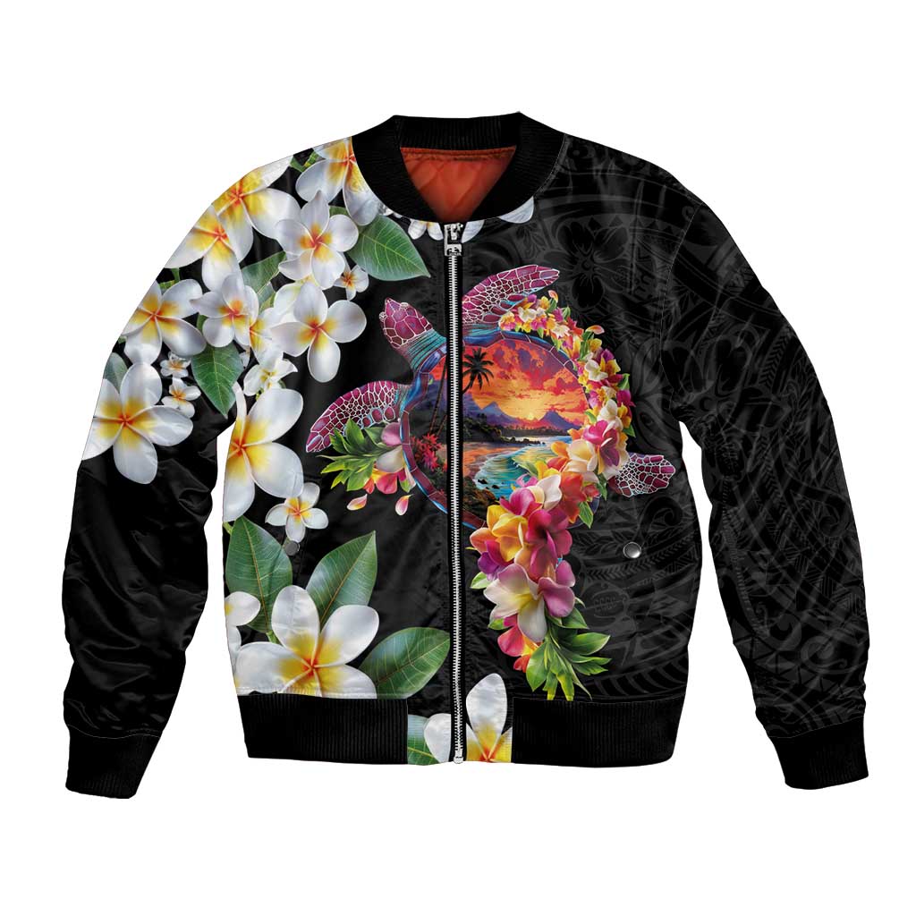 Hawaiian Lei Day Bomber Jacket Plumeria and Turtle with Polynesian Tribal Pattern LT03 Unisex Black - Polynesian Pride