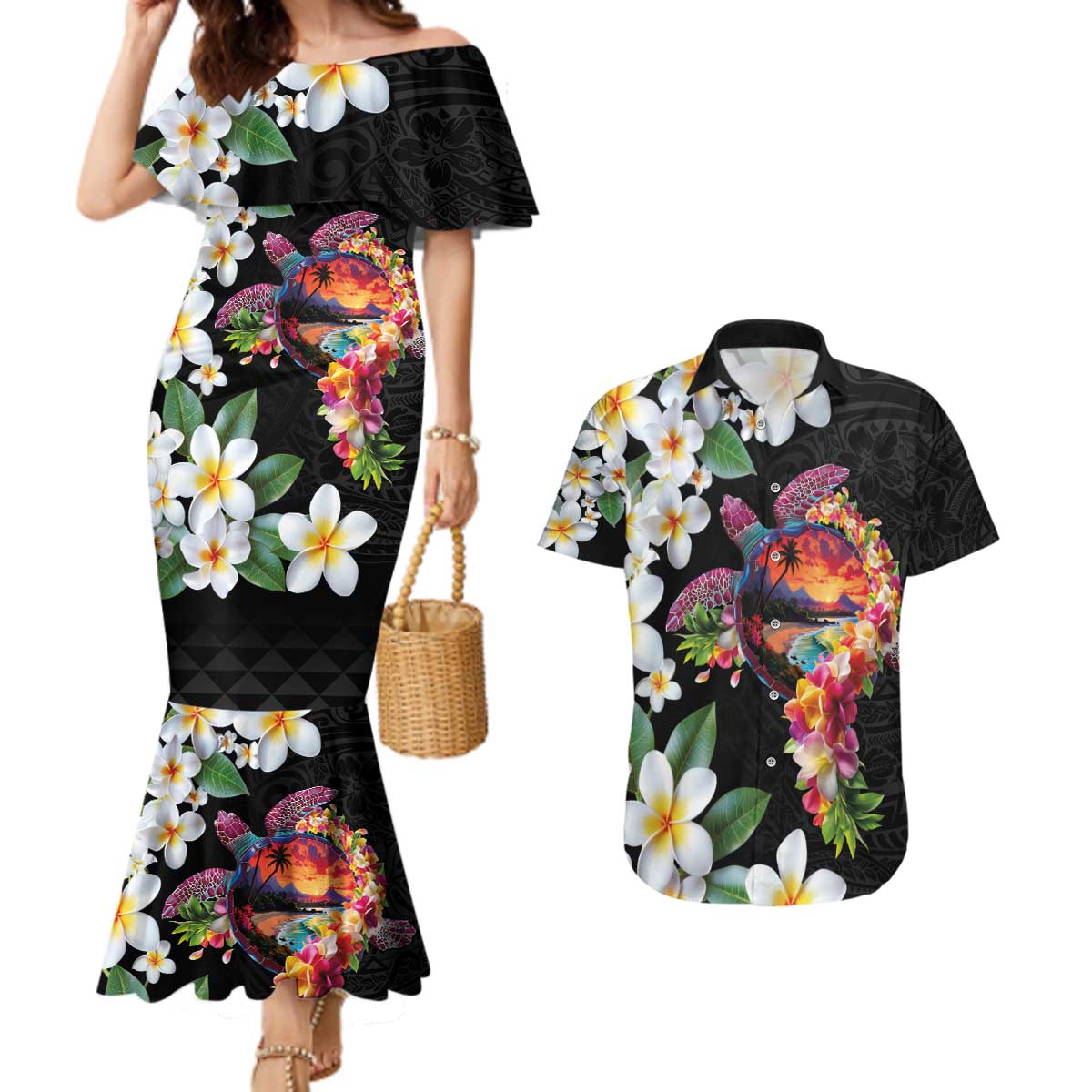 Hawaiian Lei Day Couples Matching Mermaid Dress and Hawaiian Shirt Plumeria and Turtle with Polynesian Tribal Pattern LT03 Black - Polynesian Pride