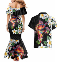 Hawaiian Lei Day Couples Matching Mermaid Dress and Hawaiian Shirt Plumeria and Turtle with Polynesian Tribal Pattern