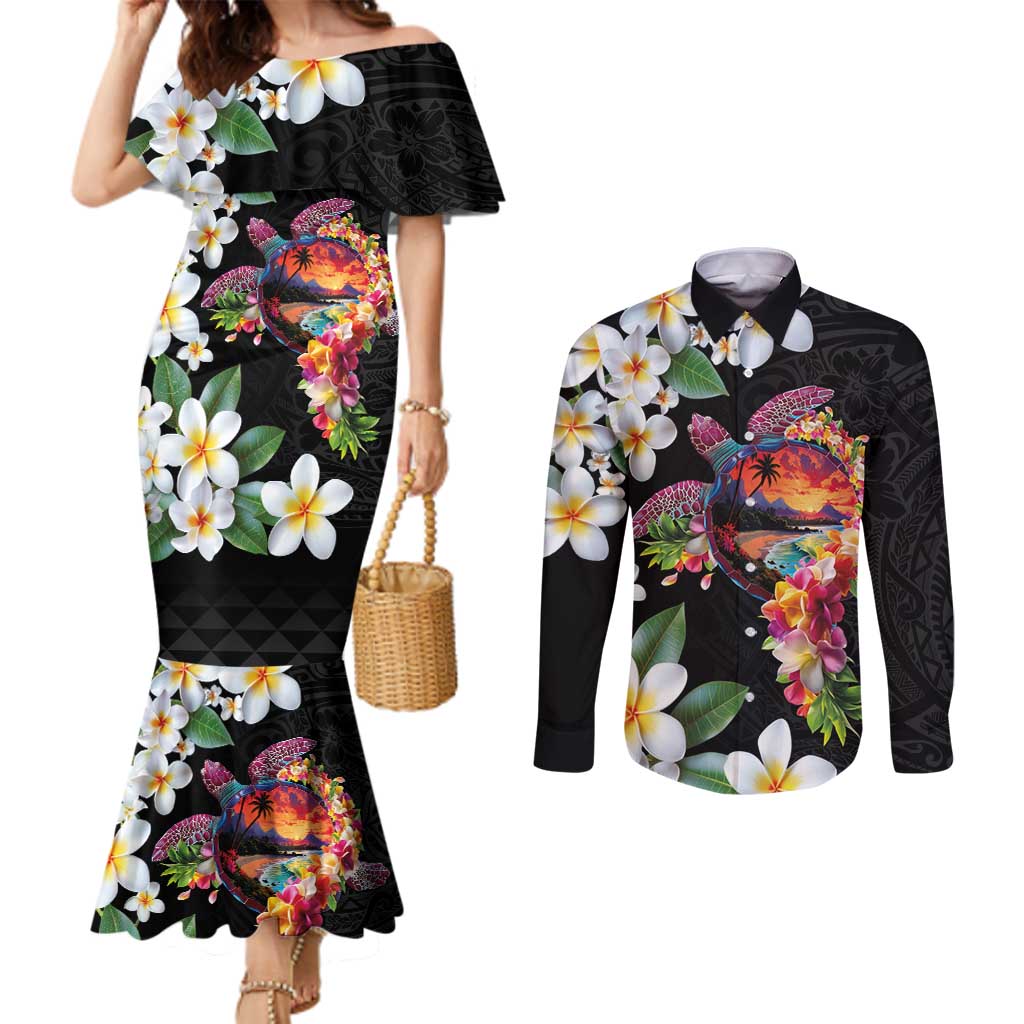 Hawaiian Lei Day Couples Matching Mermaid Dress and Long Sleeve Button Shirt Plumeria and Turtle with Polynesian Tribal Pattern LT03 Black - Polynesian Pride