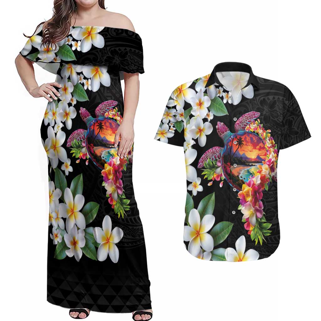 Hawaiian Lei Day Couples Matching Off Shoulder Maxi Dress and Hawaiian Shirt Plumeria and Turtle with Polynesian Tribal Pattern LT03 Black - Polynesian Pride