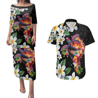 Hawaiian Lei Day Couples Matching Puletasi and Hawaiian Shirt Plumeria and Turtle with Polynesian Tribal Pattern